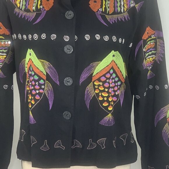 Bala Bala Fish Theme 100% Silk Embroidered Beaded Blazer Size S - Picture 4 of 7